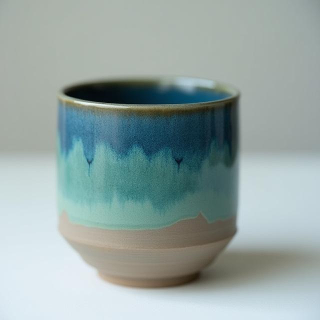 En håndlaget steingodskopp med blå og grønn glasur som minner om et fjellvann. Overflaten har en taktil, organisk finish.