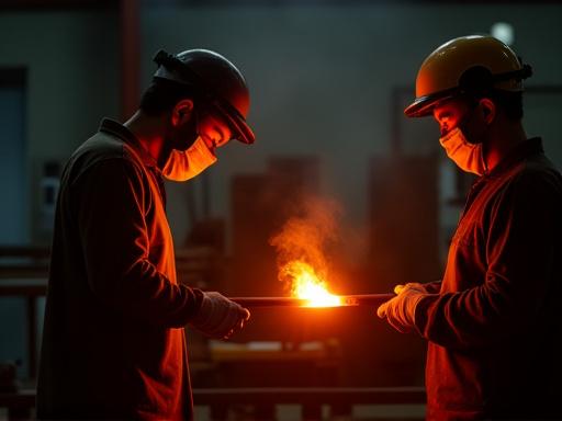 En instruktør med beskyttelsesutstyr som veileder en deltaker med en lang glasspipe, hvor enden gløder oransje av varmen.