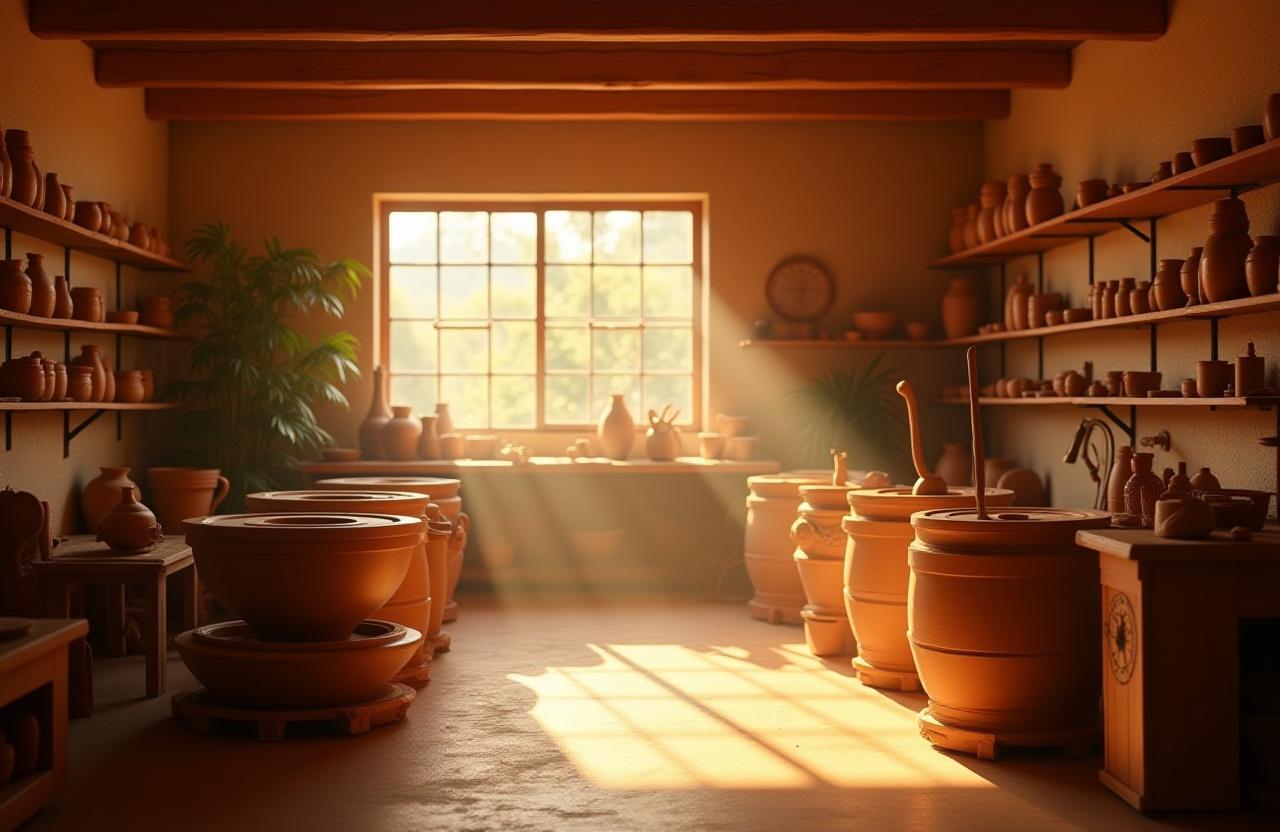 En varm og atmosfærisk utsikt over et keramikkverksted, med dreieskiver, hyller fulle av leiregjenstander og naturlig lys som strømmer inn.