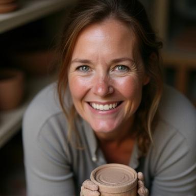 Portrett av keramiker Kari Nordmann i verkstedet, med leire på hendene og et smil.